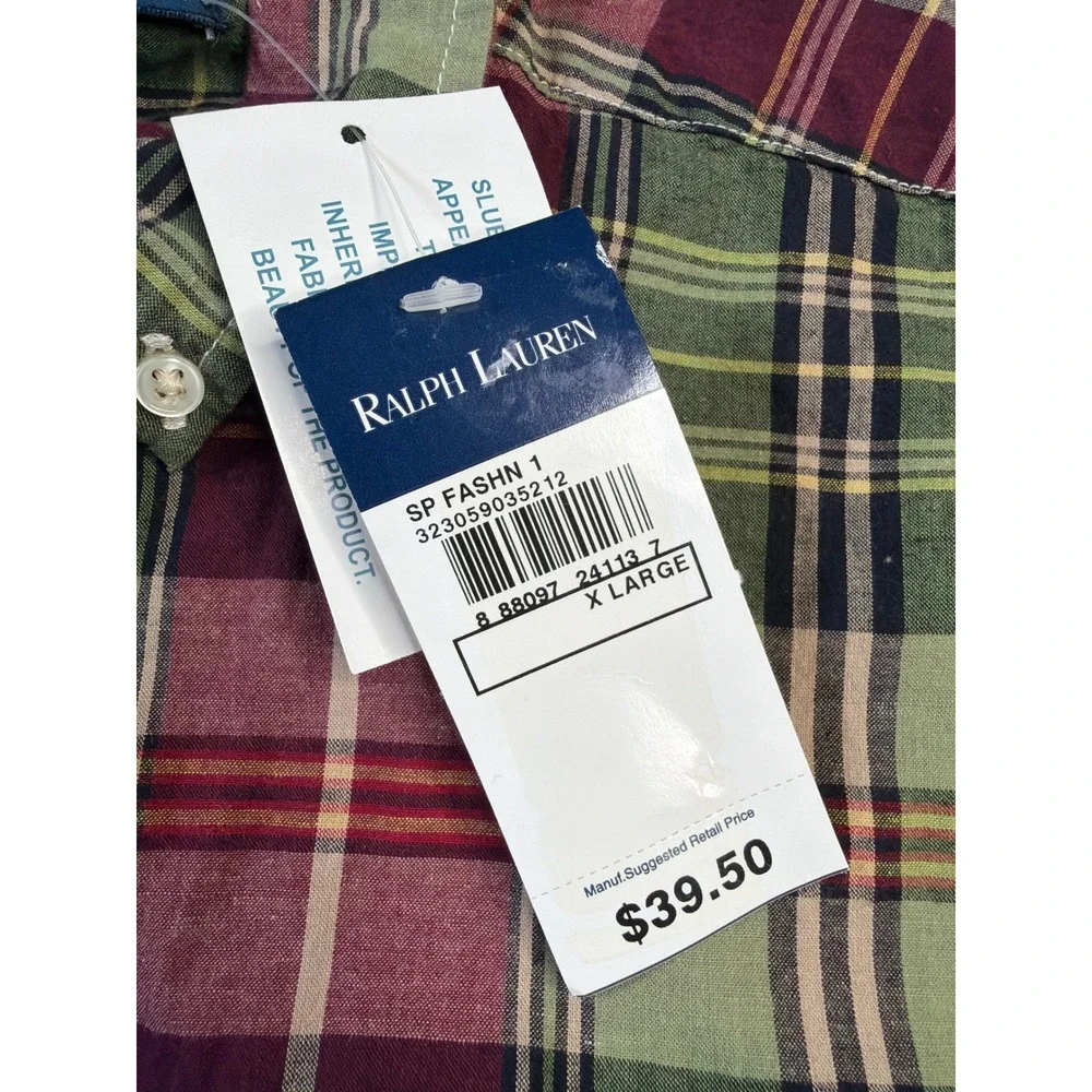 Ralph Lauren Boys XL Short Sleeve Plaid‎ Button Down Shirt Burgundy Green Cotton